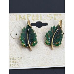 Impulse Vintage Green Enamel‎ Leaf Stud Earrings Gold Tone Surgical Steel Posts